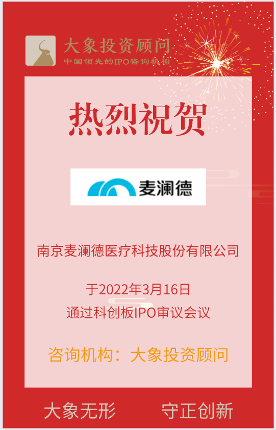 熱烈祝賀大(dà)象投顧客戶——盆底疾病康複診療設備産品和(hé)解決方案提供商“麥瀾德”成功過會(huì)！