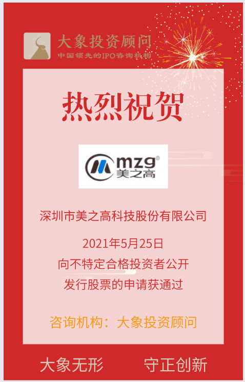 熱烈祝賀大(dà)象投顧客戶——專業的空(kōng)間收納整體方案服務商“美(měi)之高(gāo)”向不特定合格投資者公開(kāi)發行股票申請(qǐng)獲通過